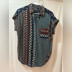 Desigual Women’s Patchwork Button-Up Shirt Size L | Boho Geometric Print